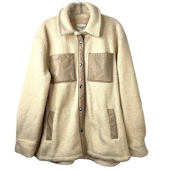 Abercrombie & Fitch Women's Elevated Trim Sherpa Shirt Jacket Off-White Size L - Picture 2 of 16